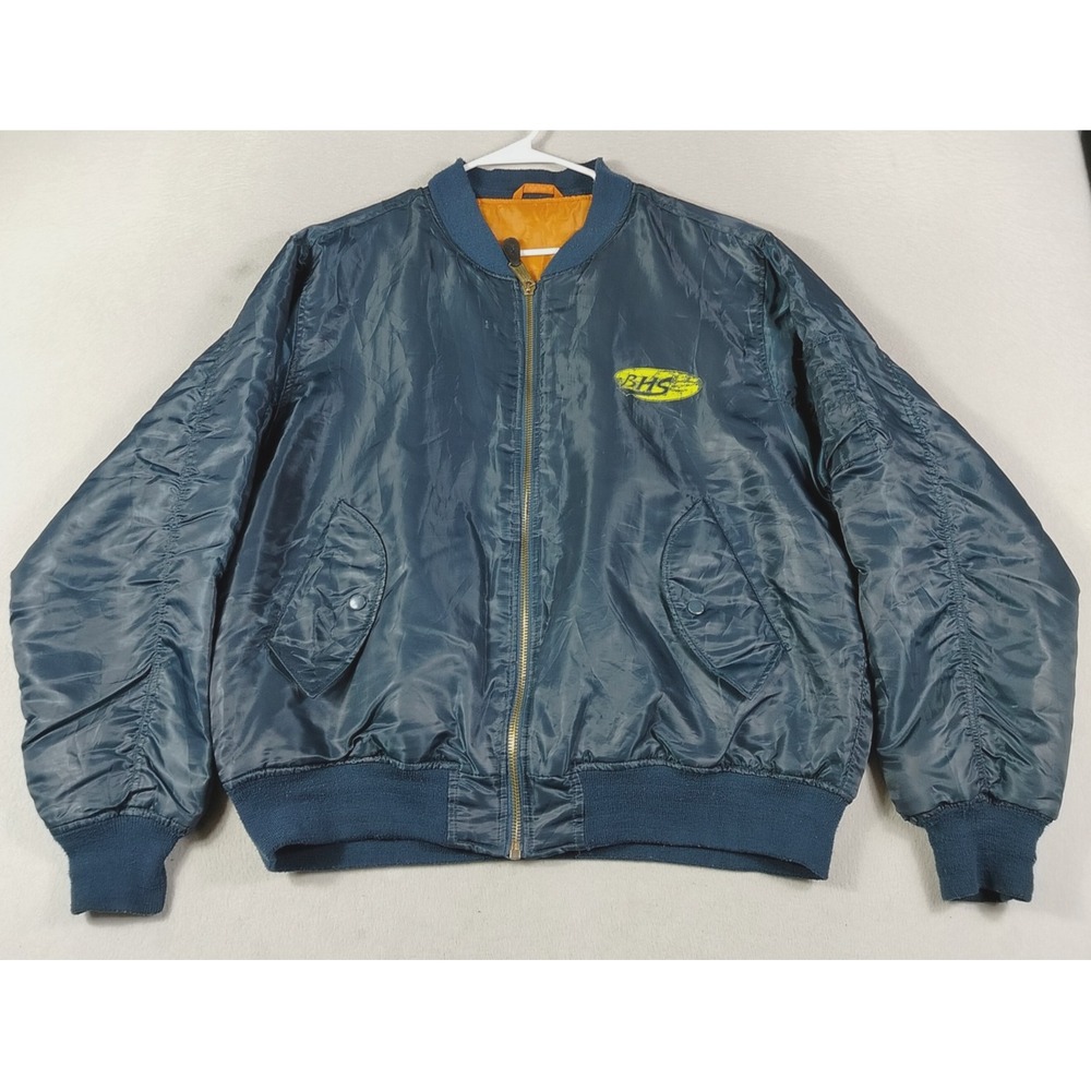 Vintage BHS Jacket Mens Large Blue Nylon Bomber Full Zip Orange Lined Biker